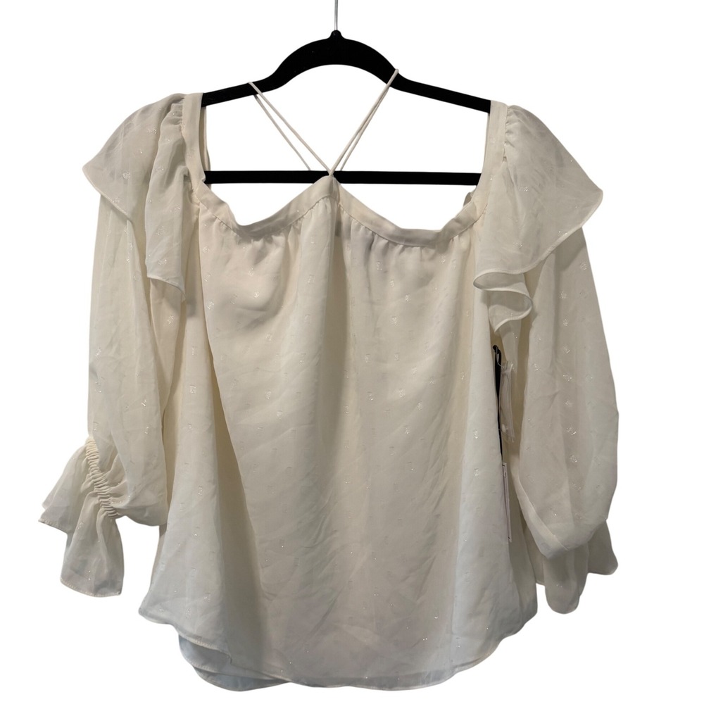 1 State Ruffle Blouse Crisscross Back Sheer Top Antique White Size‎ S